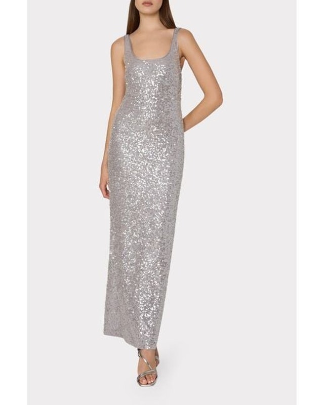 Milly 'Ishani' Silver Sequins Scoop Back Sleek Sheath Gown Dress Size Small